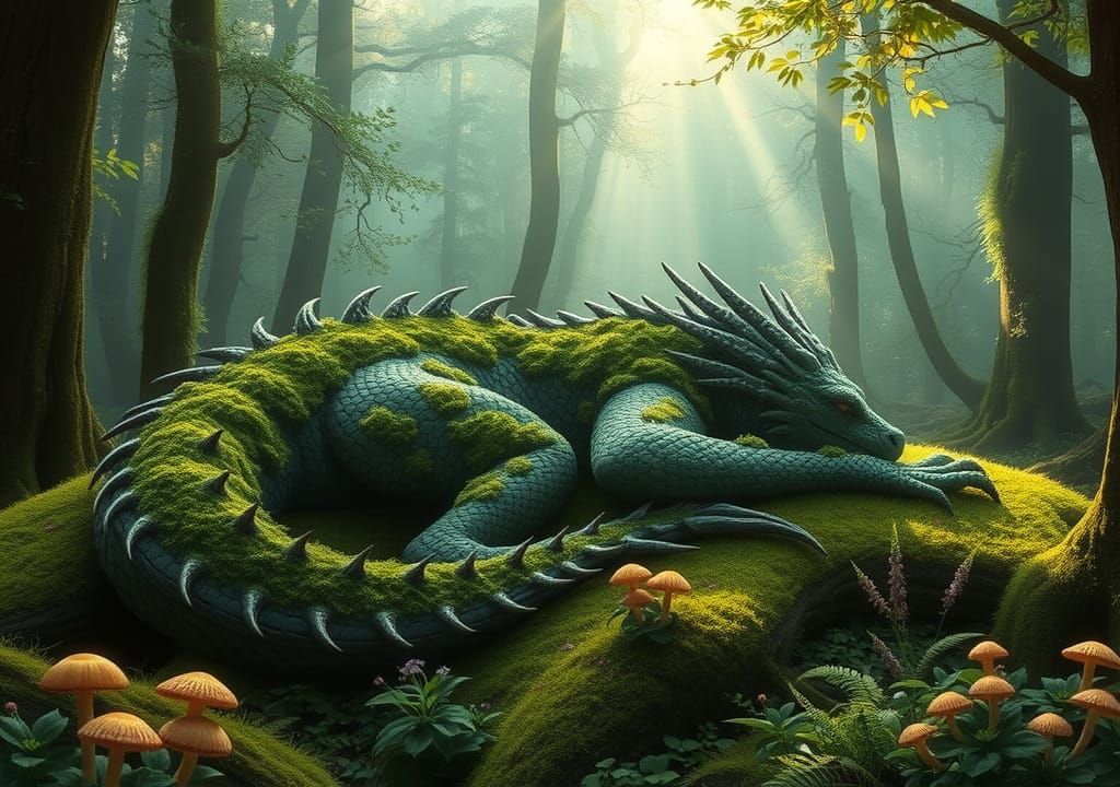 Moss Dragon Sleeping in Emerald Forest