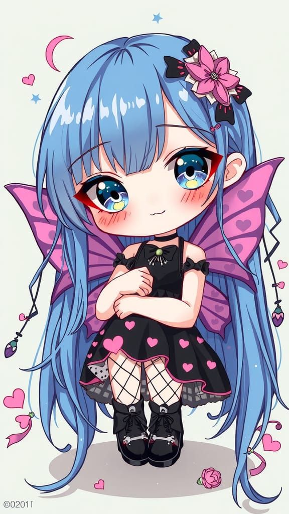 Kawaii Fairy with Blue Hair: Gothic-Hippy Art