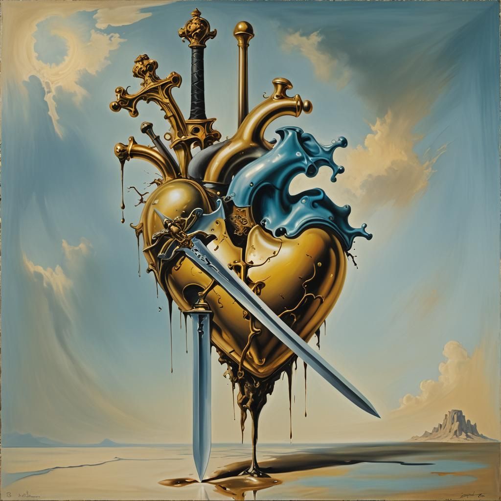 Heart Pierced by Sword: Surreal Oil Painting