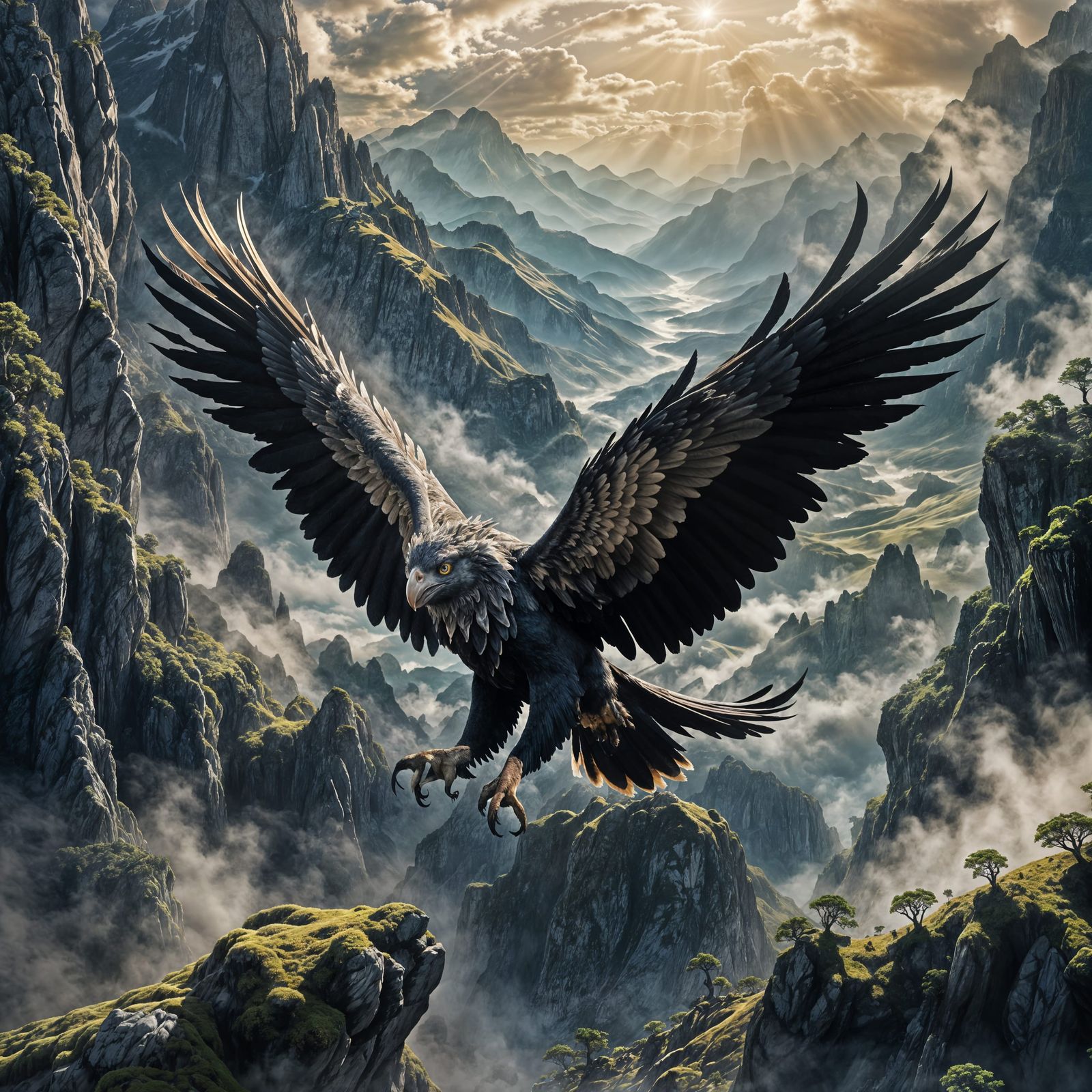 Gryphon Soaring Above Misty Mountains in 3D