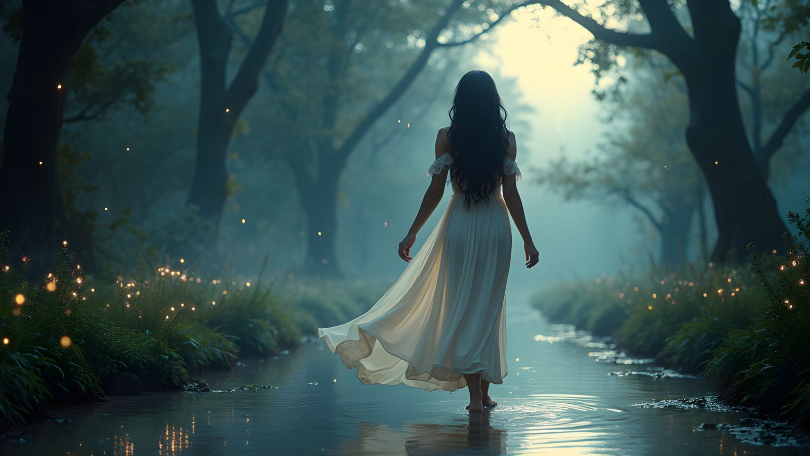 Ethereal Woman in Moonlit Forest, Fantasy Realism