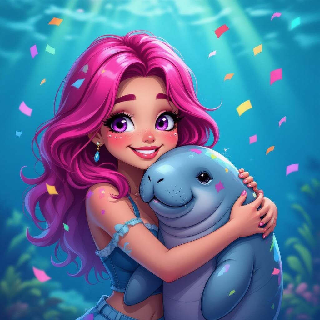 Pixar-Style CivChan Hugging a Manatee with Confetti