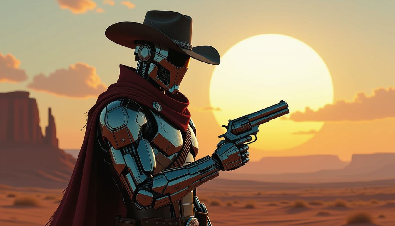 Cyborg Cowboy on Alien Mesa at Binary Sunset