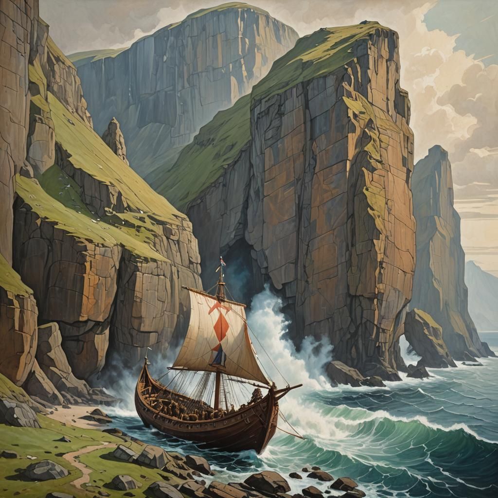 Viking Warrior and Ship Near Scottish Cliffs