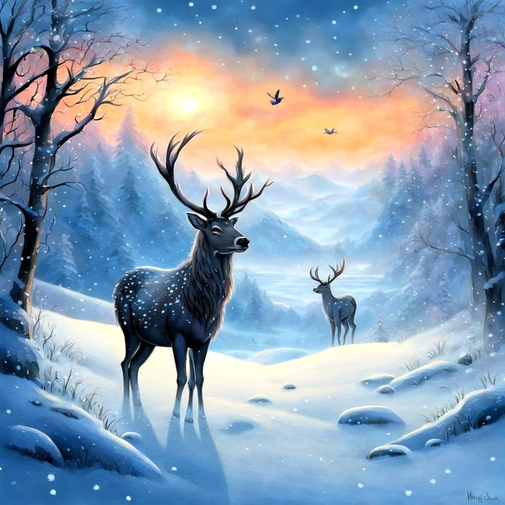 Mystical Deer in Snowy Fantasy Landscape