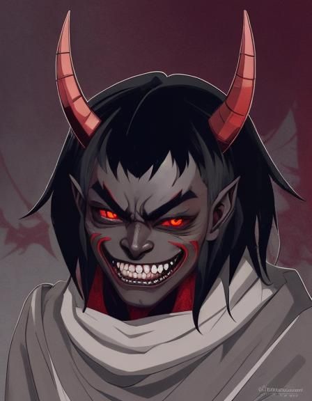 Anime Demon with Horns and Feather Scarf