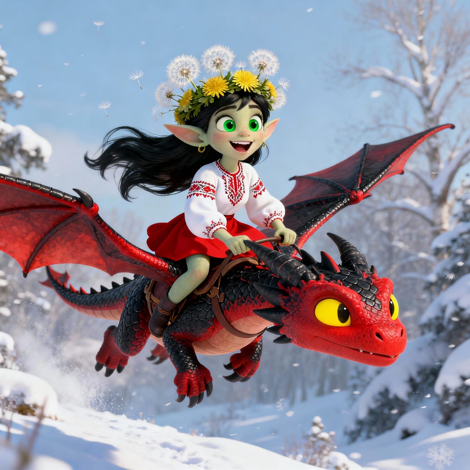 Happy Orc Lady Flying Dragon in Winter