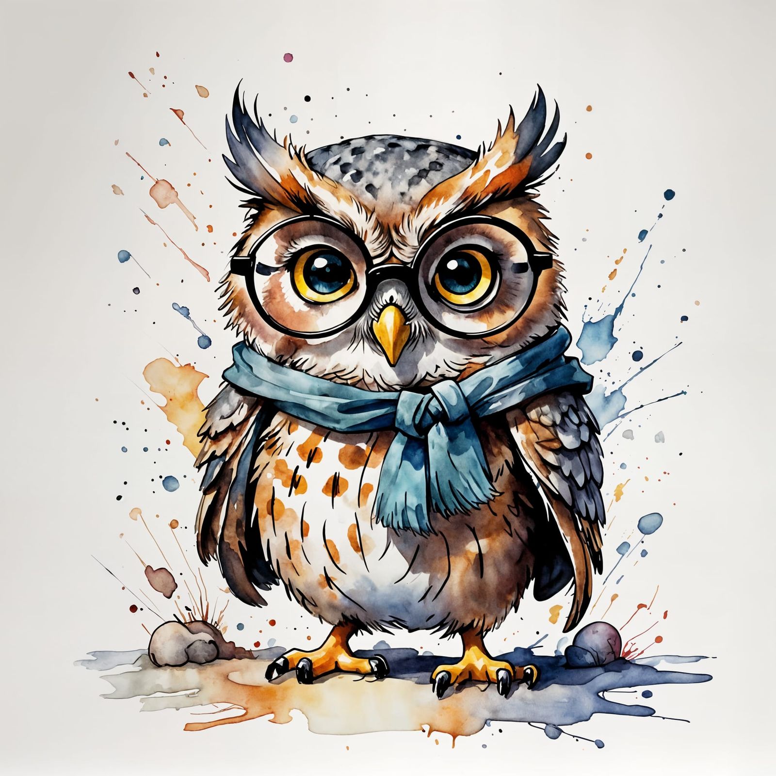 Chibi Owl Portrait in Quentin Blake Watercolor Style