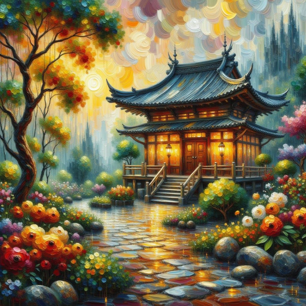 Golden Light on Foggy Japanese Pavilion