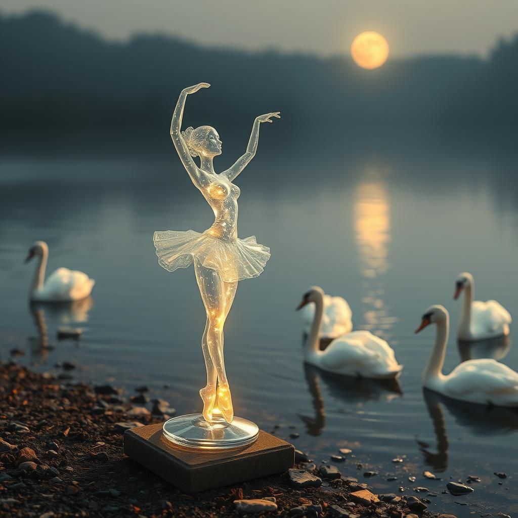 Ethereal Ballerina Statuette on Lake with Swans