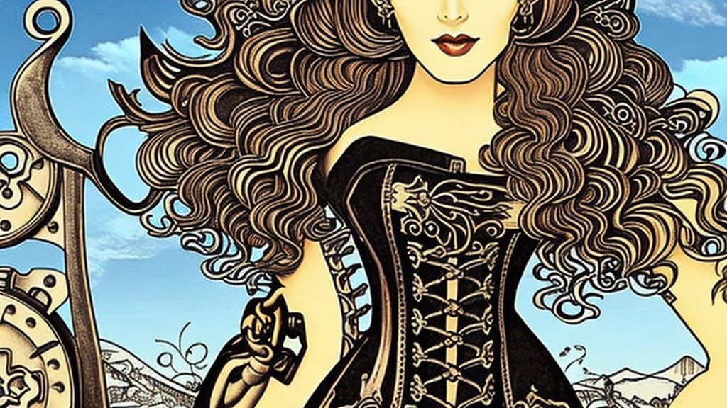 Steampunk Woman Coloring Page with Wrench