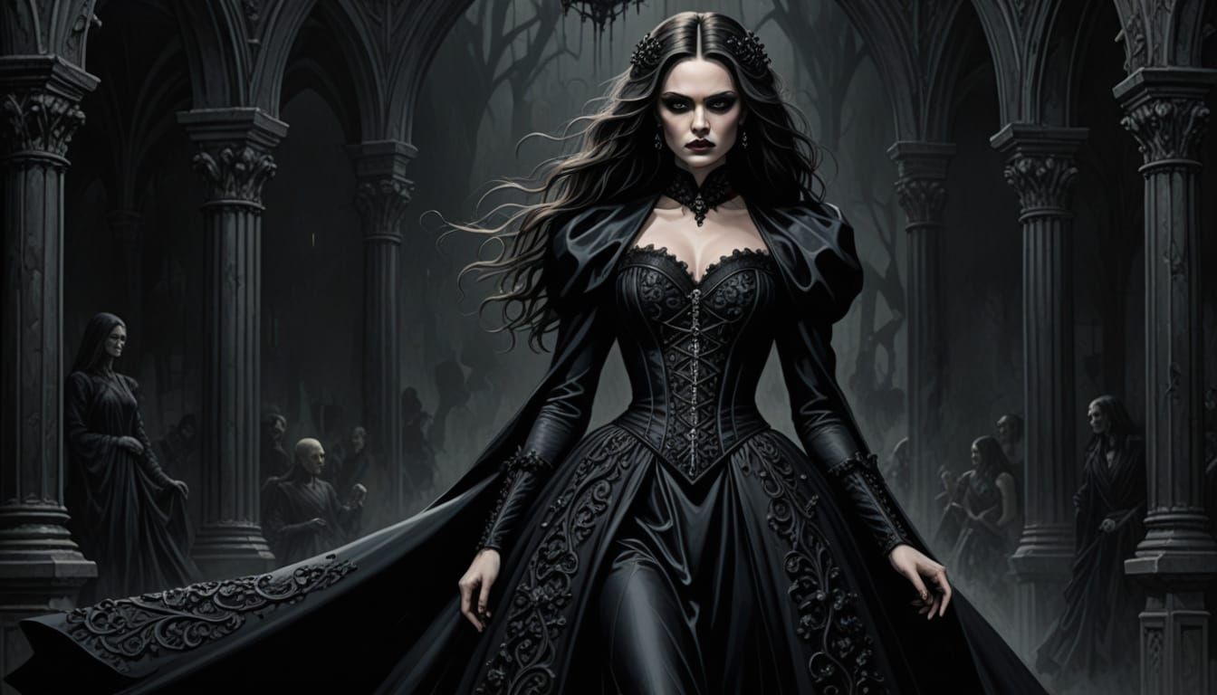 Gothic Fashion Illustration of Athletic Woman in Gown