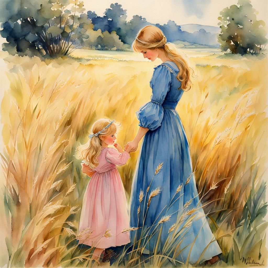 Mother and Daughter in Field, Watercolor Illustration