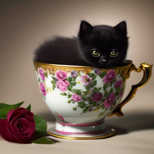 Cute Black Kitten in Teacup, Detailed Digital Art