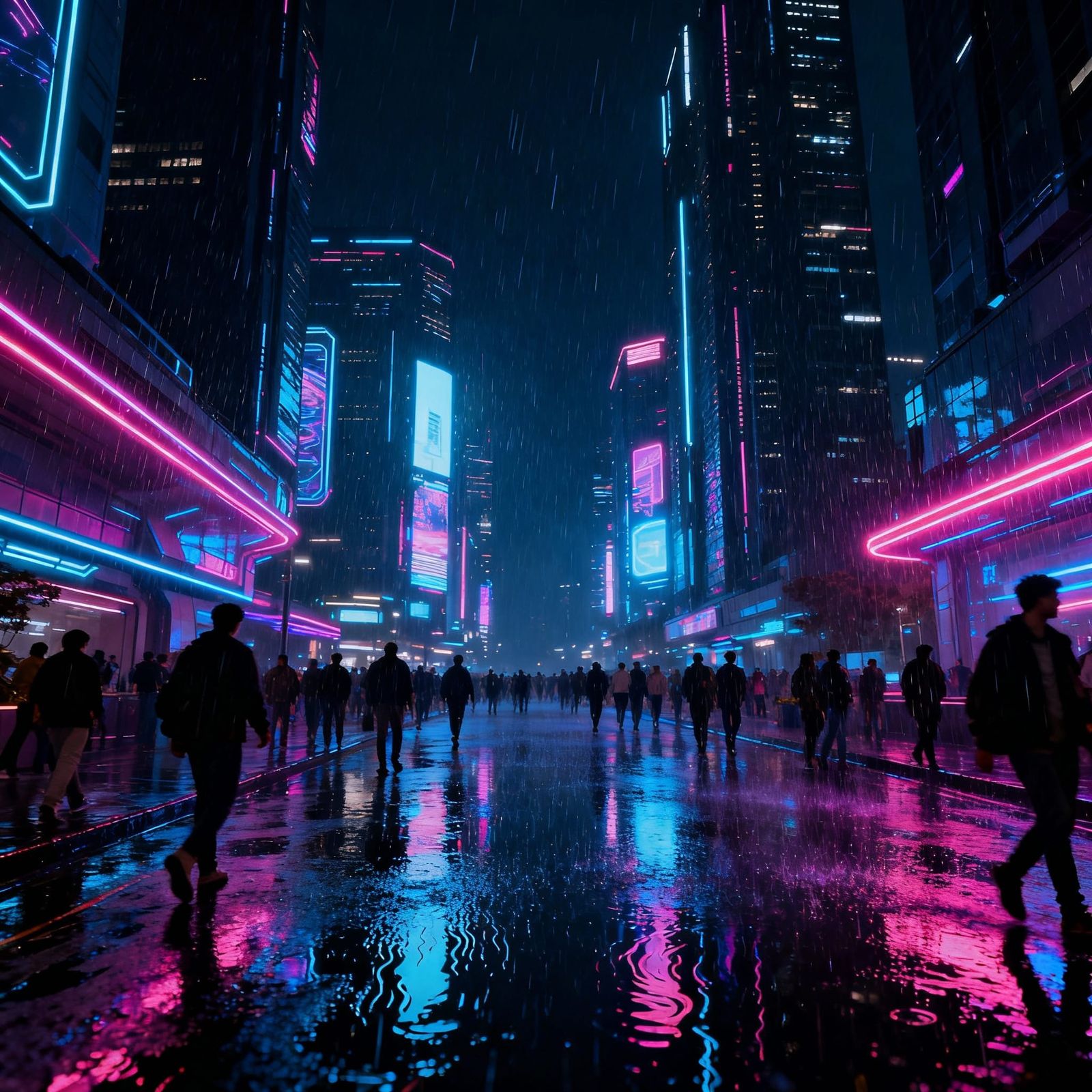 Cyberpunk Cityscape at Night with Rain and Neon Lights
