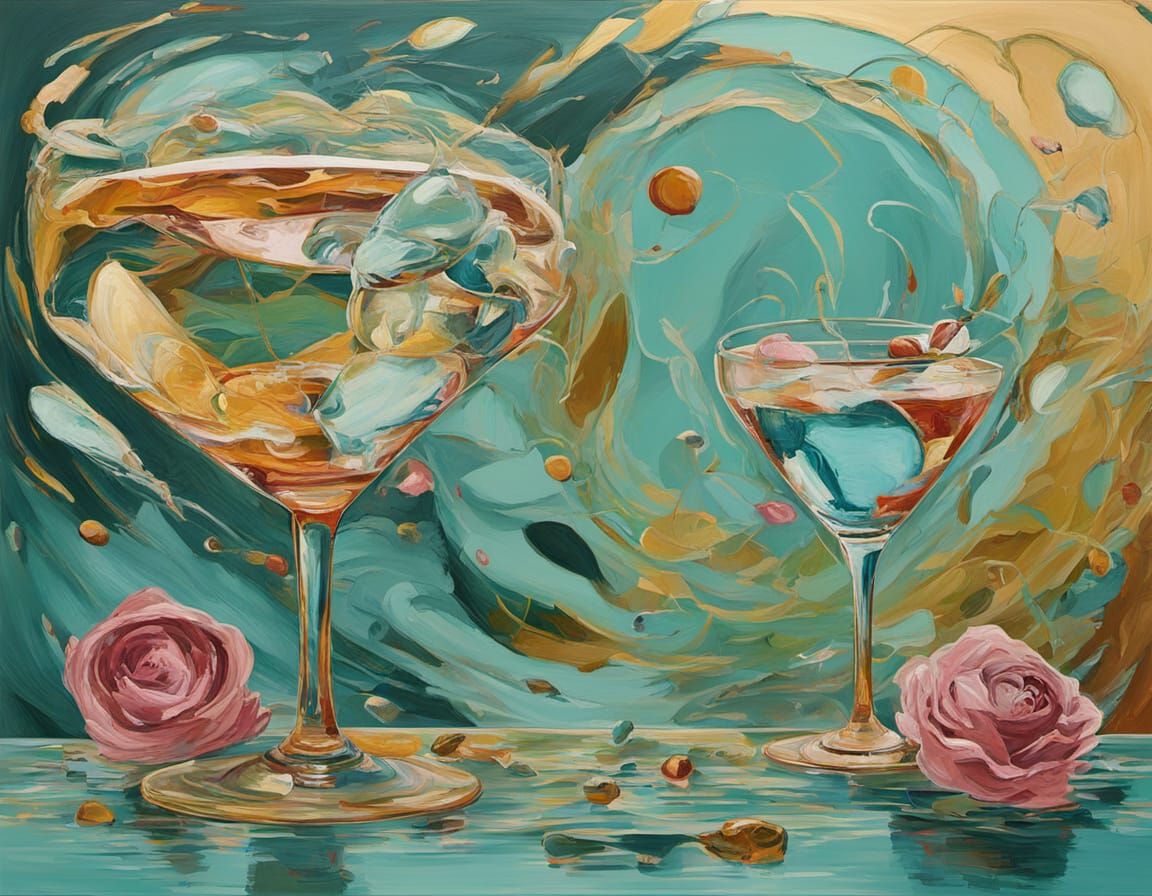 Surreal Martini Painting with Abstract Gold and Rose Hues