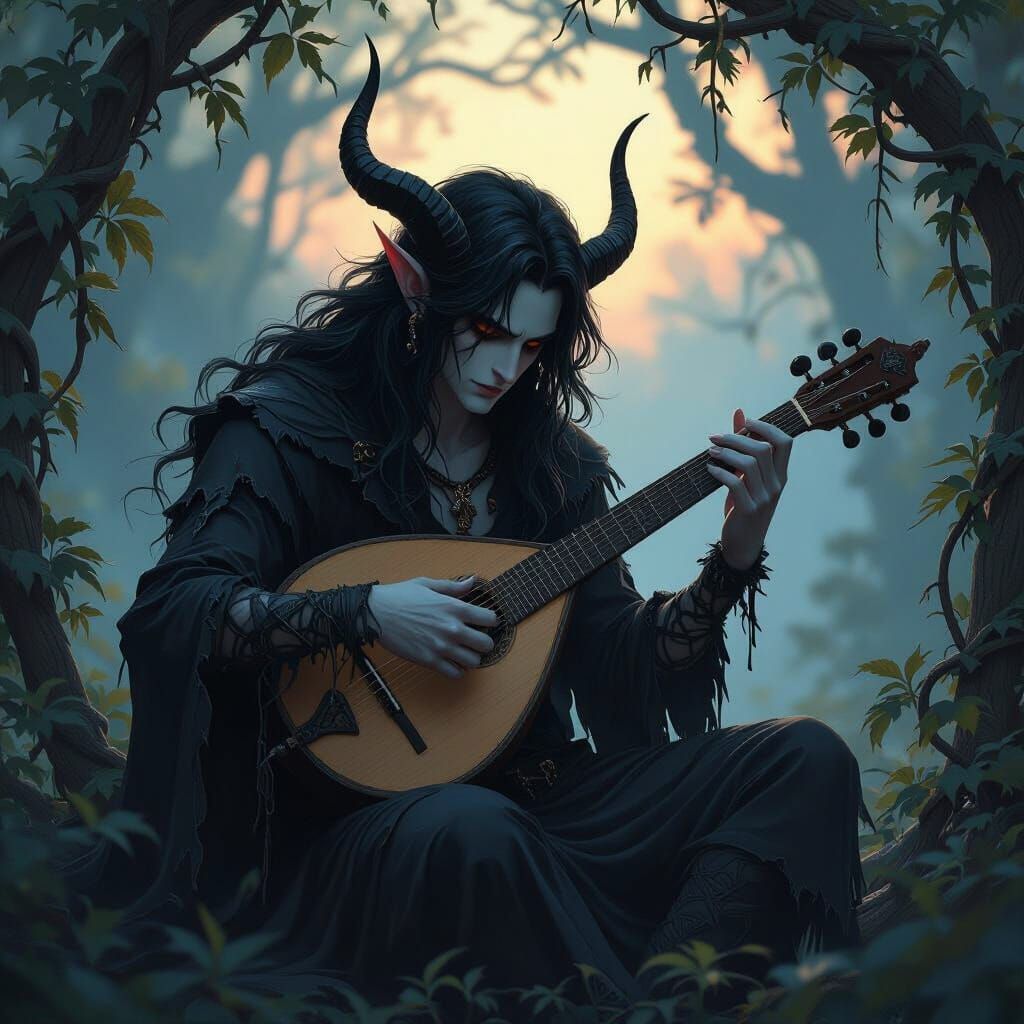 Gothic Satyr Bard Plays Lute with Boomerang in Twilight