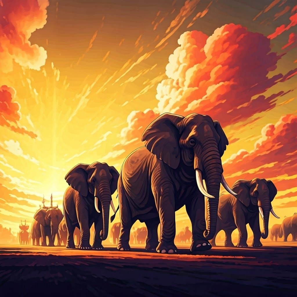Anime-Style Elephants March at Sunset