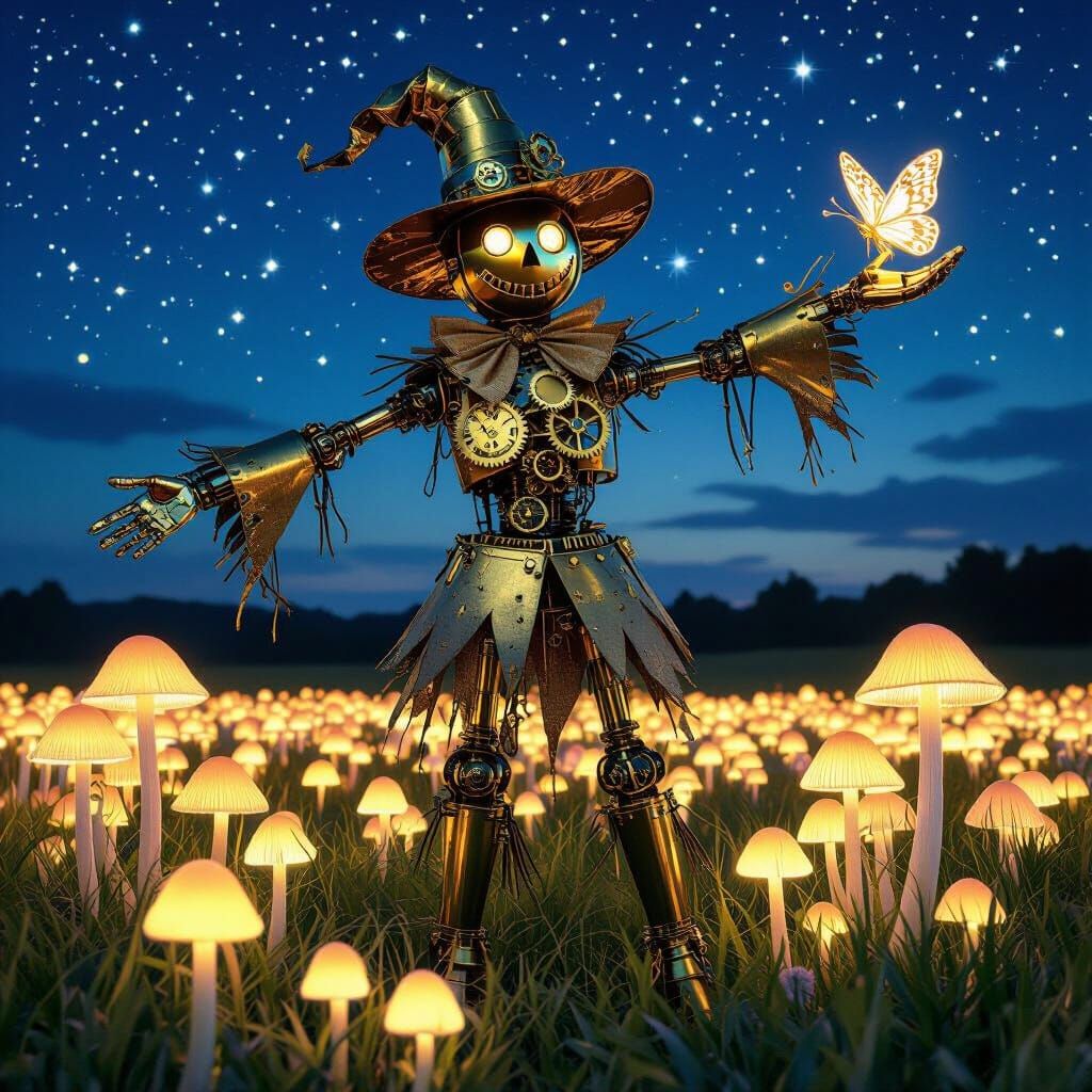 Steampunk Brass Scarecrow with Clockwork Heart and Glowing M...