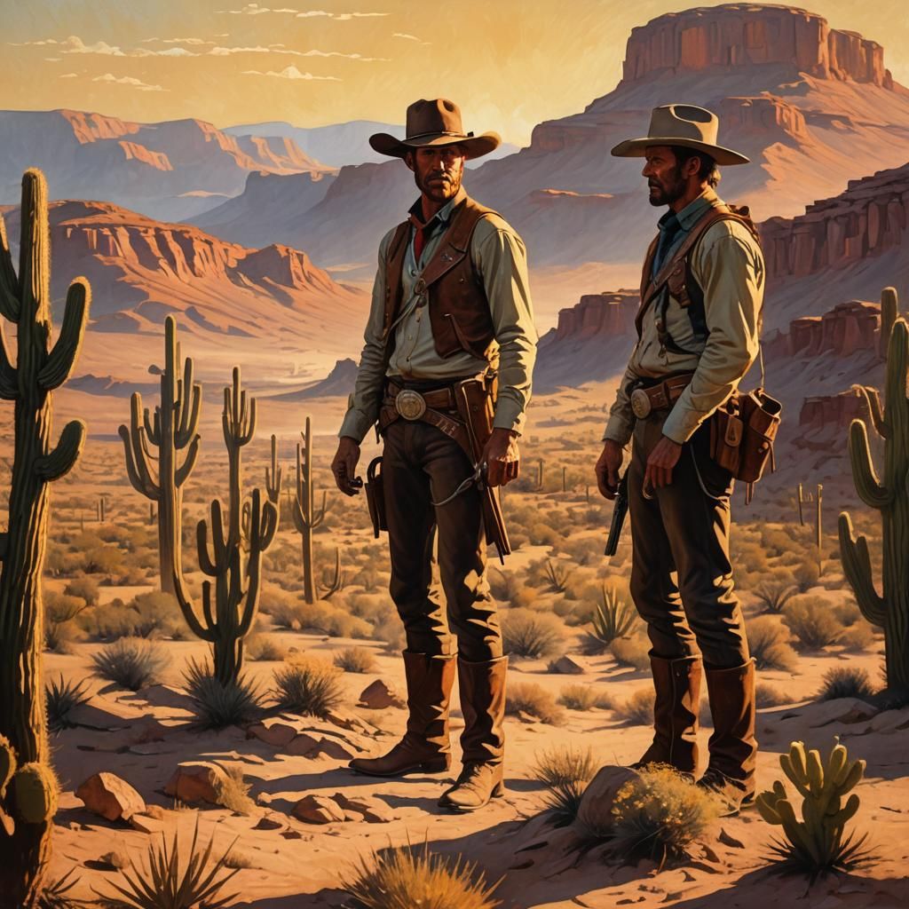 Dramatic Cowboy Standoff in Western Art Nouveau Style