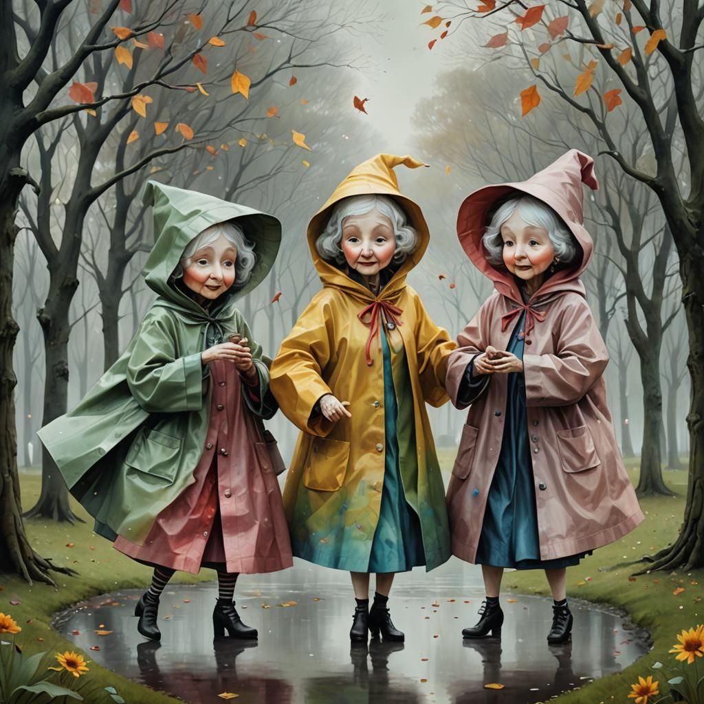 Joyful Rainy Day Dance: Surreal Whimsical Illustration