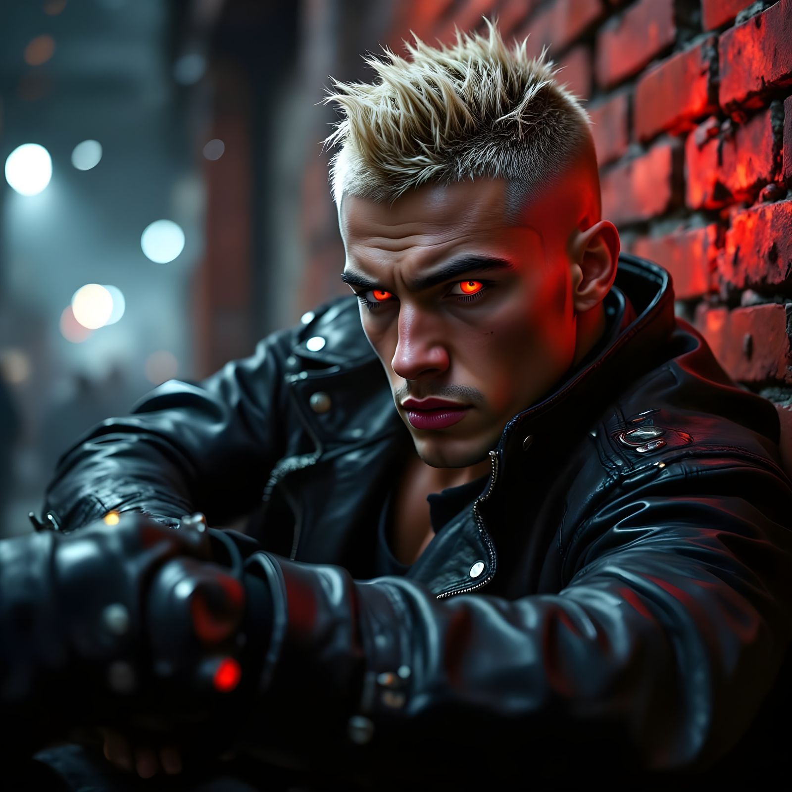 Vampire Brian in Leather Jacket with Red Eyes
