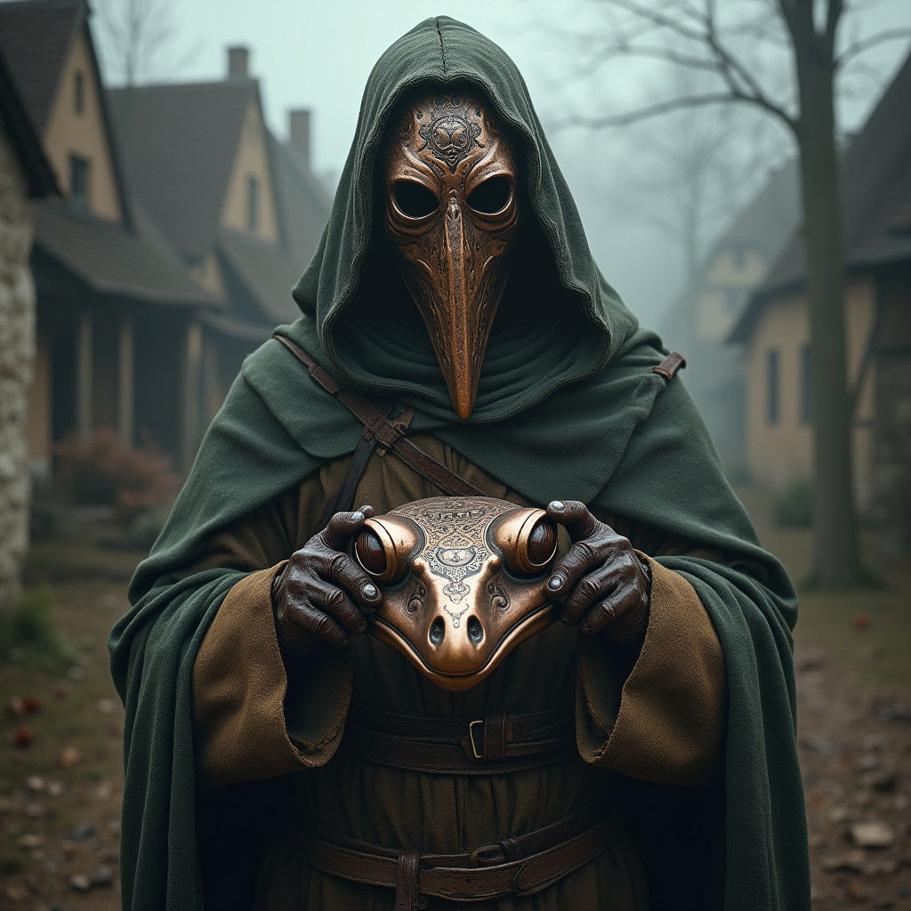 Plague Doctor with Frog Mask in Dark Fantasy Style