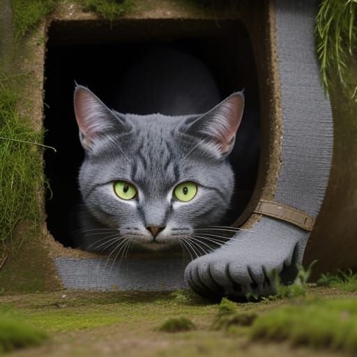 Glowing Grey Cat Emerges From Mossy Shoe