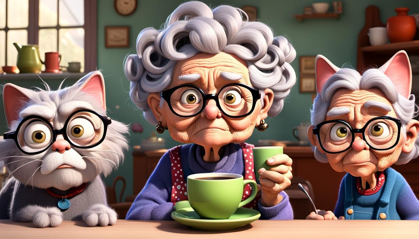 Grumpy Old Lady with Cats in Pixar Cartoon Style