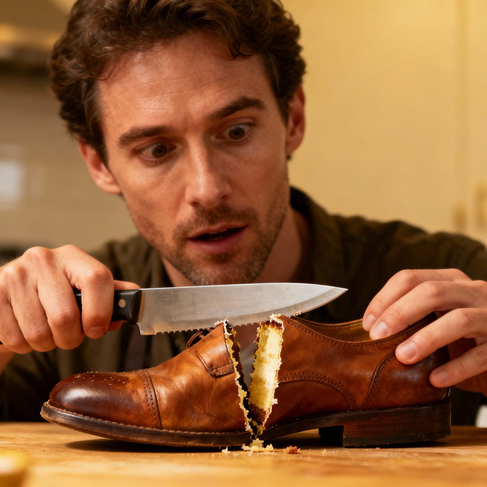 Man Cuts Into Shoe To Reveal It's Not Cake
