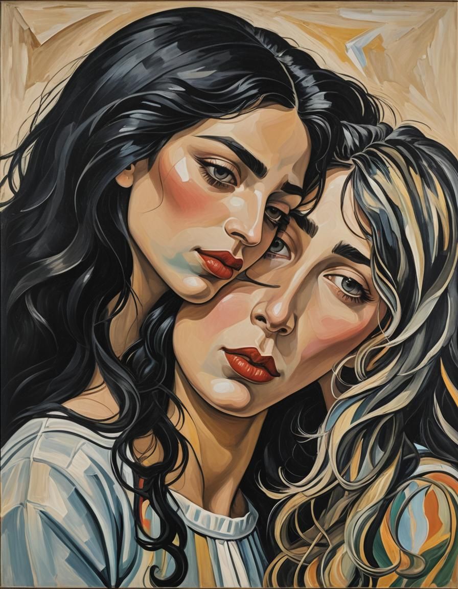 Lesbian Couple Embrace in Cubist Oil Painting