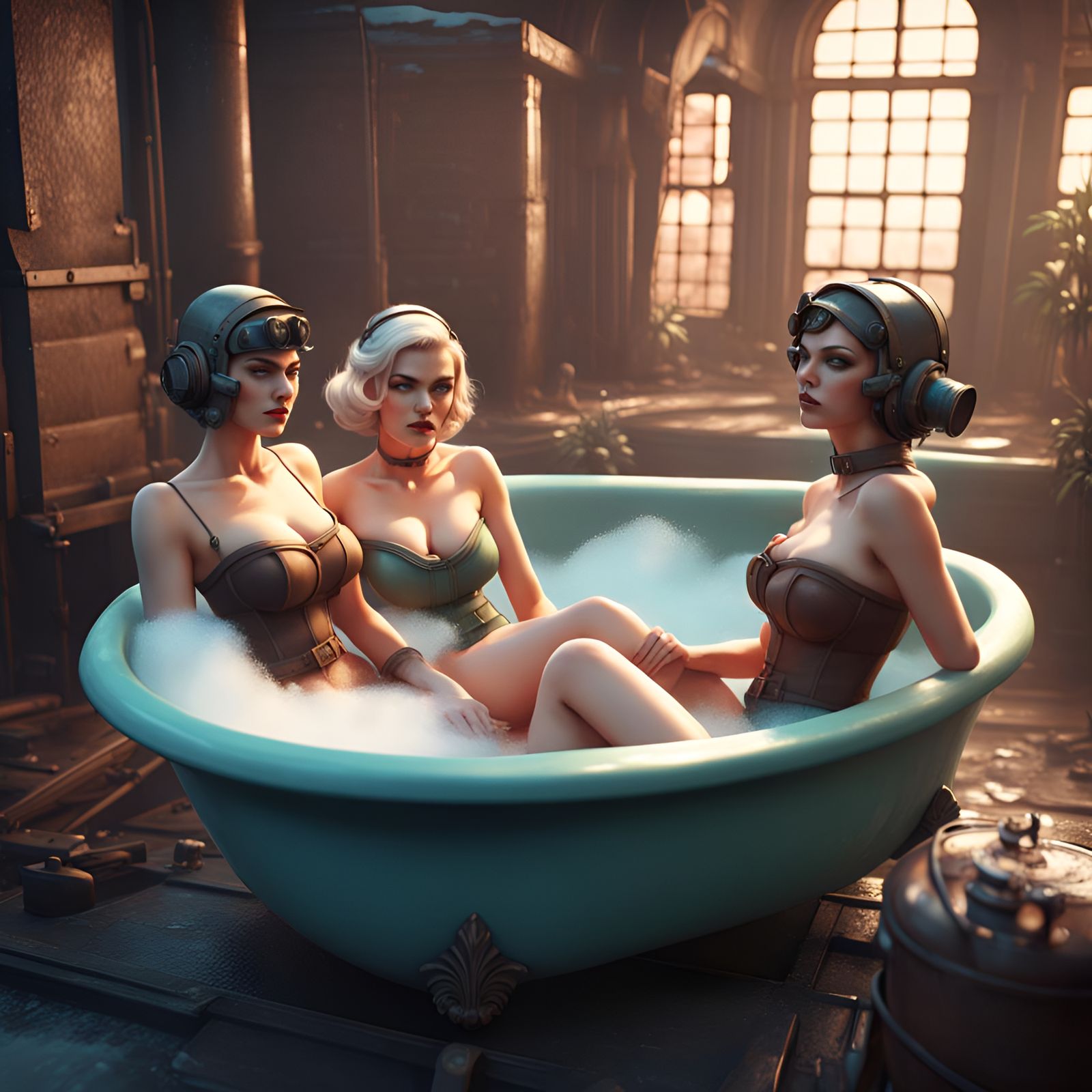 Dieselpunk Maidens Relaxing in Foamy Bathtub