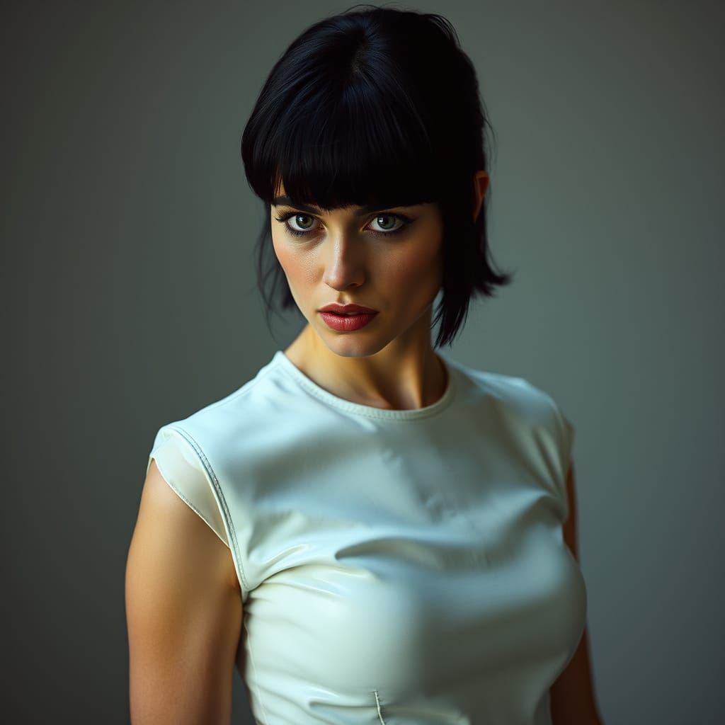 Intense Portrait of Woman in White Leather Dress