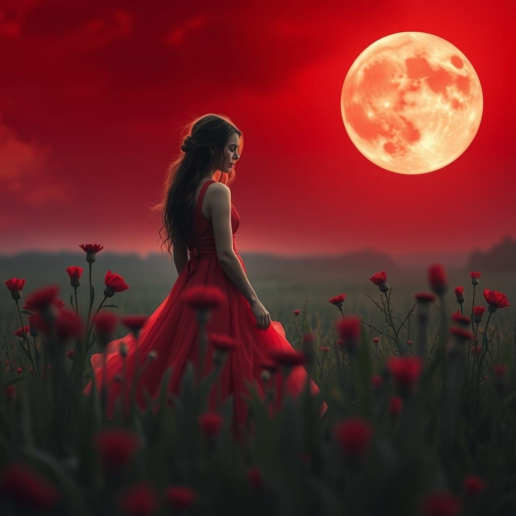 Mysterious Woman in Red Moonlit Meadow
