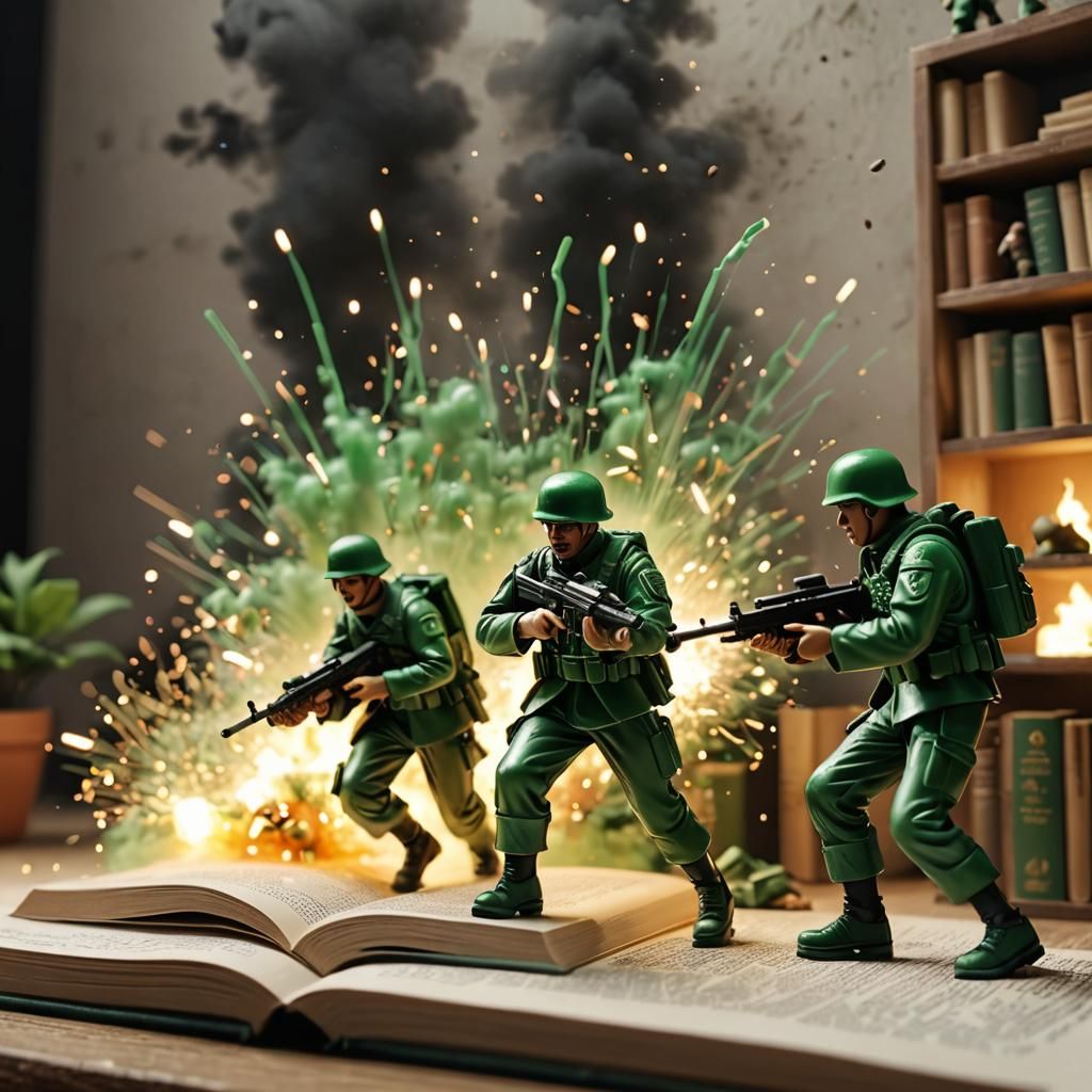 Epic Toy Soldier Battle on Bookshelf in 3D