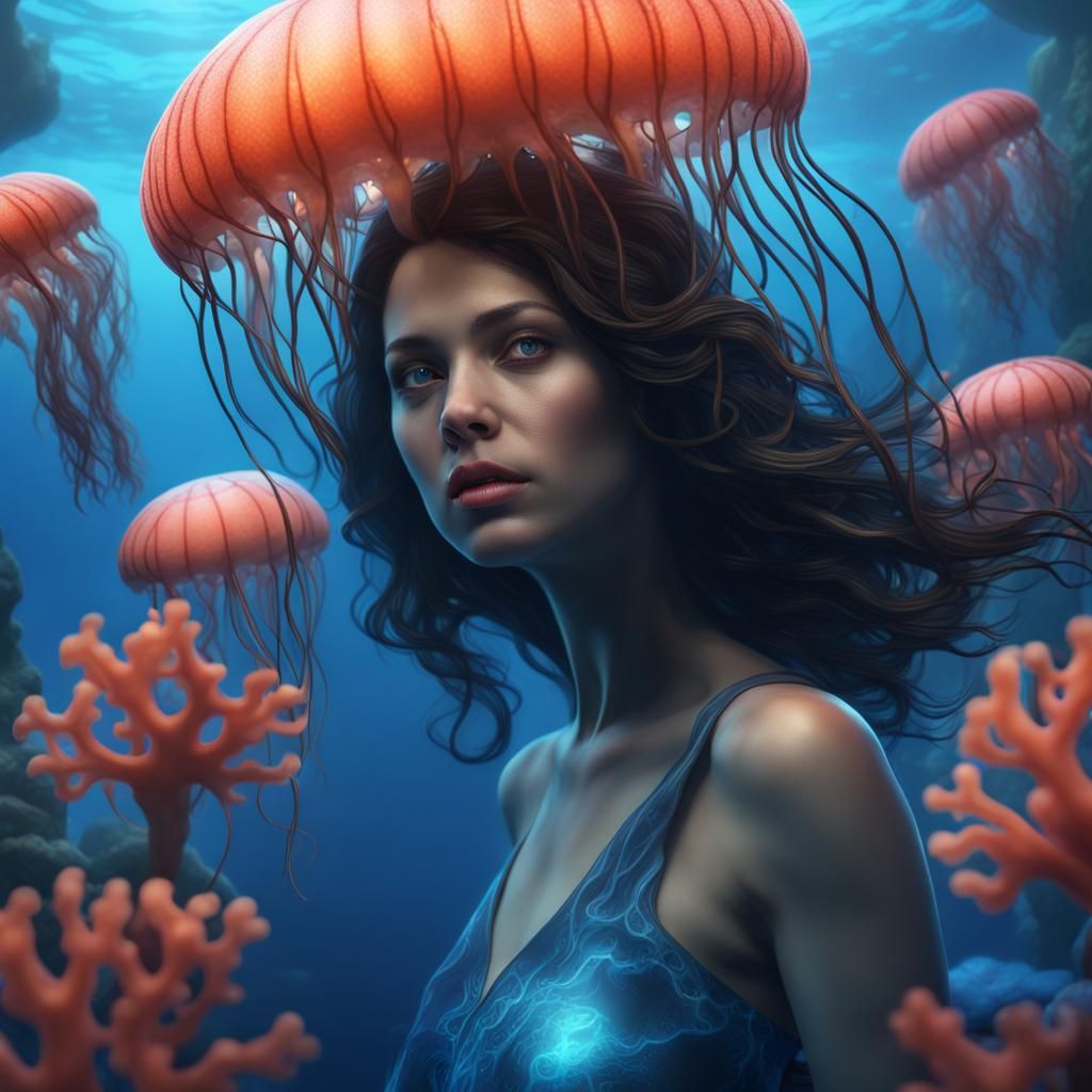 Brunette Woman Underwater with Jellyfish and Coral