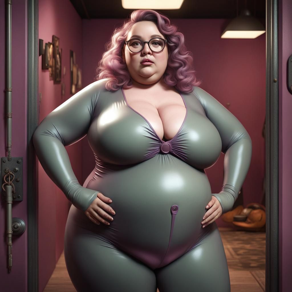 Curvy Woman in Latex Catsuit with Cigarette