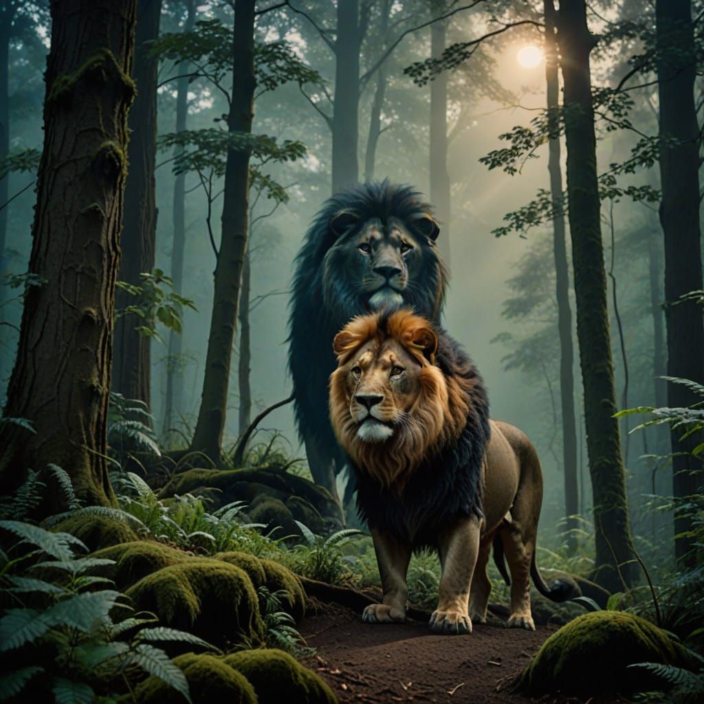 Majestic Pig-Lion Creature in Misty Forest