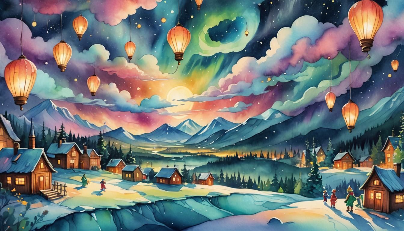 Aurora Borealis Over Tiny Worlds: Watercolor Art