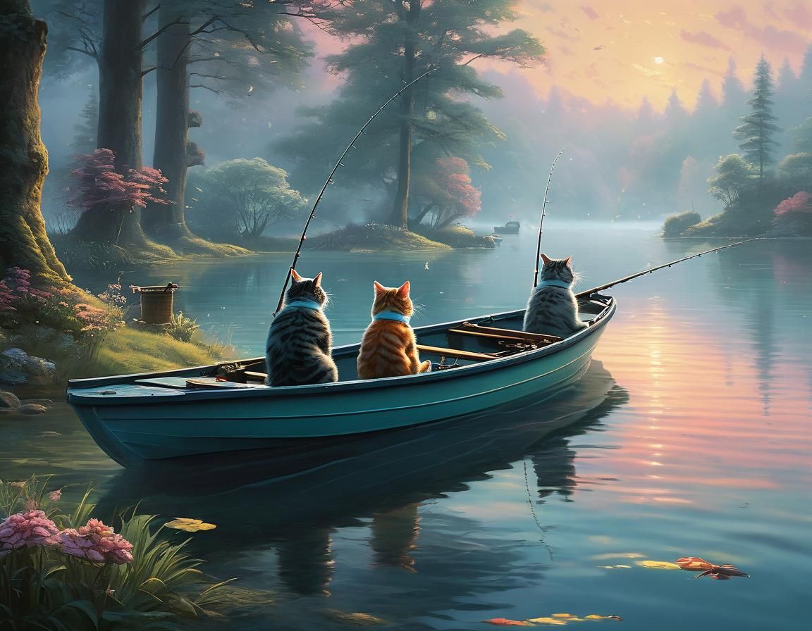 Brother Cats Fishing: Wes Anderson-esque Pastel Art