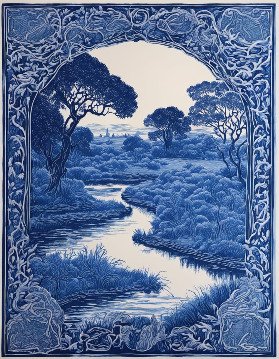 Australian Landscape in Blue Willow Linocut Style