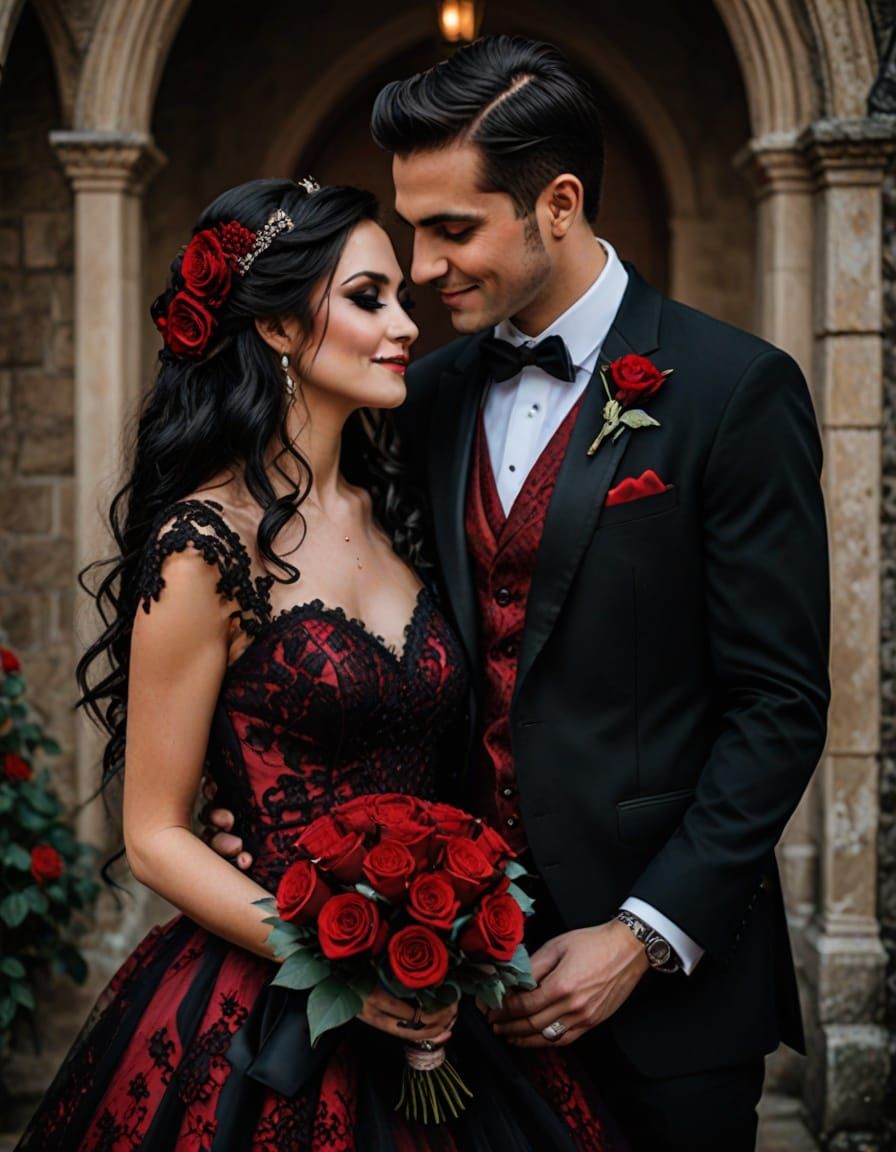 Gothic Wedding Couple in Romantic Kiss