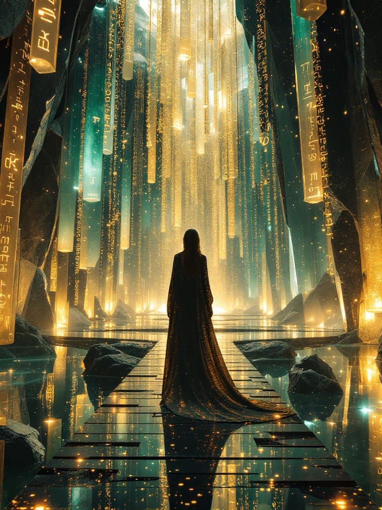 Nordic Woman in Crystalline Hall with Aurora Light