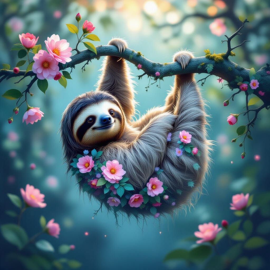 Ethereal Sloth in Mystical Forest with Flowers and Galaxies