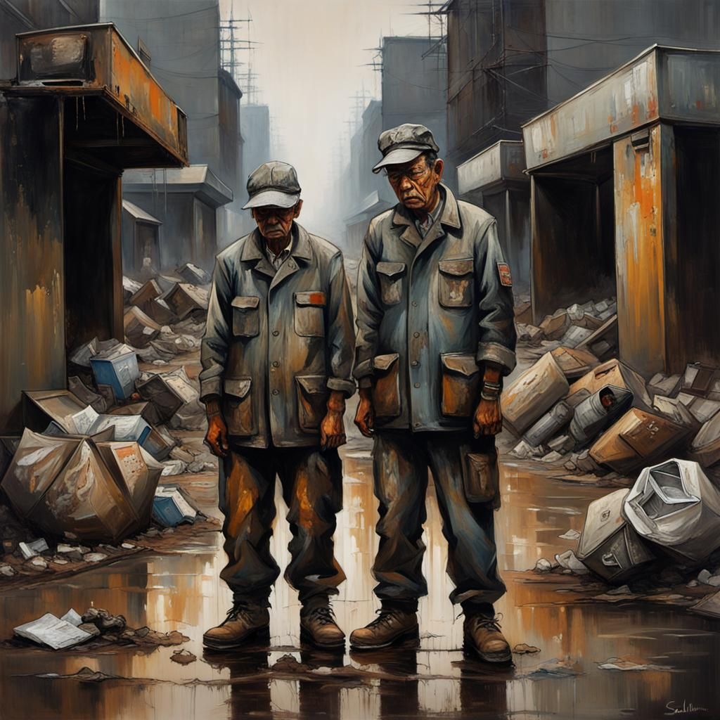 Garbage Collectors in Bleak Urban Landscape as Oil Painting