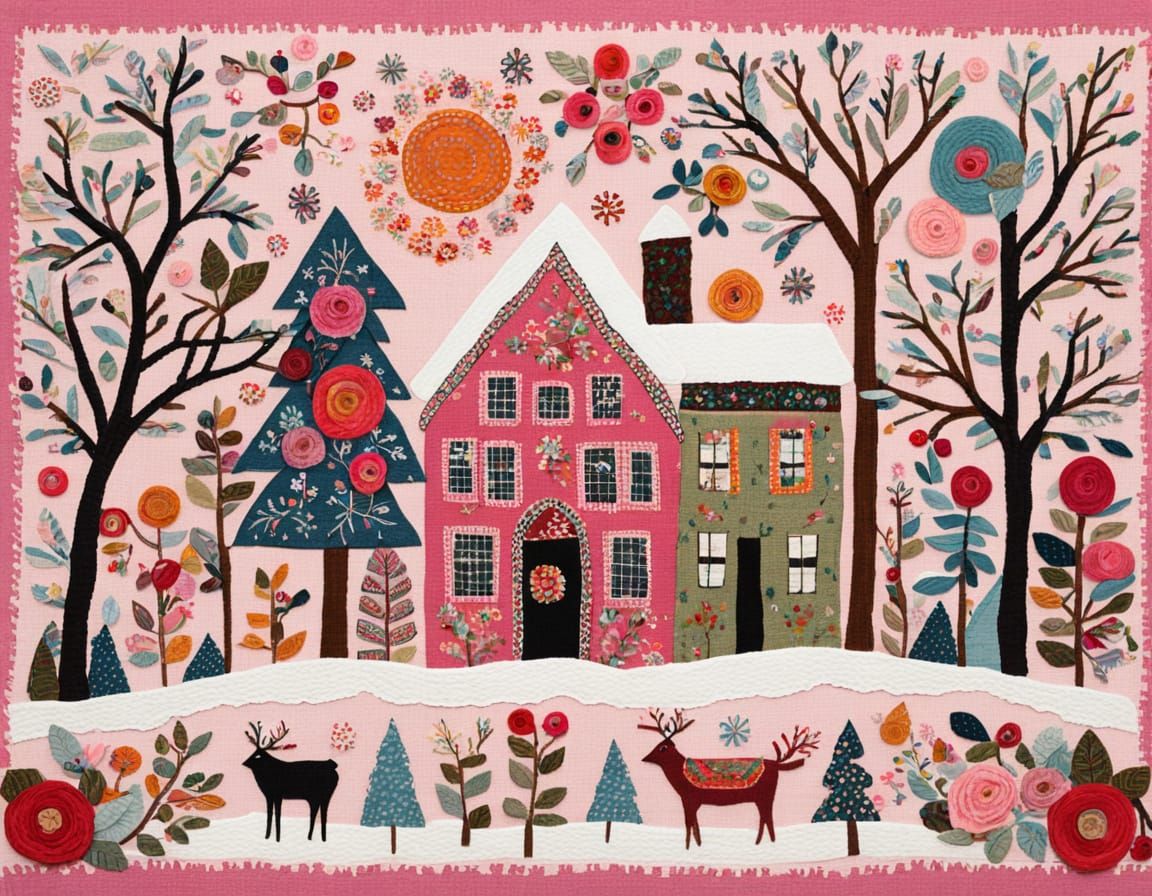 Folk Art Winter Scene with Spellwoven Textiles and Pink Rose...
