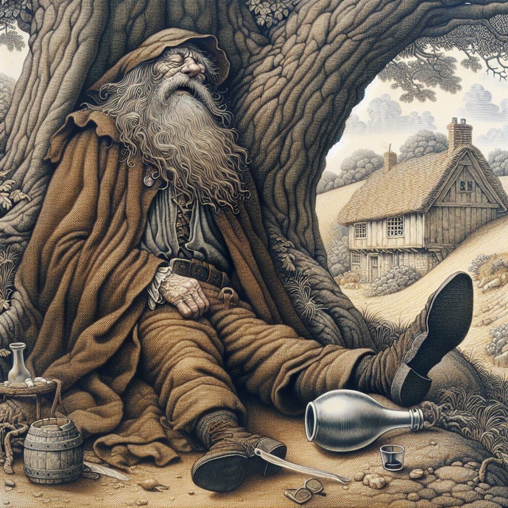 Rip Van Winkle Taking a Nap Under a Tree