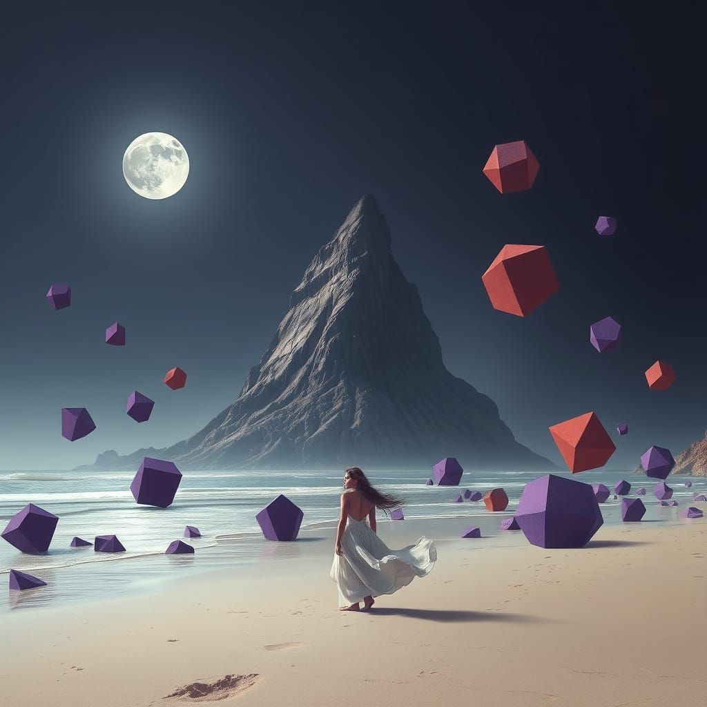 Surreal Shoreline Scene with Floating Polyhedra