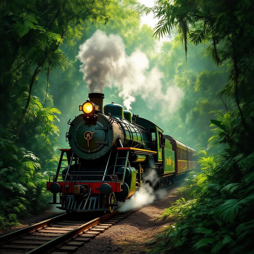 Vintage Steam Train in Overgrown Jungle