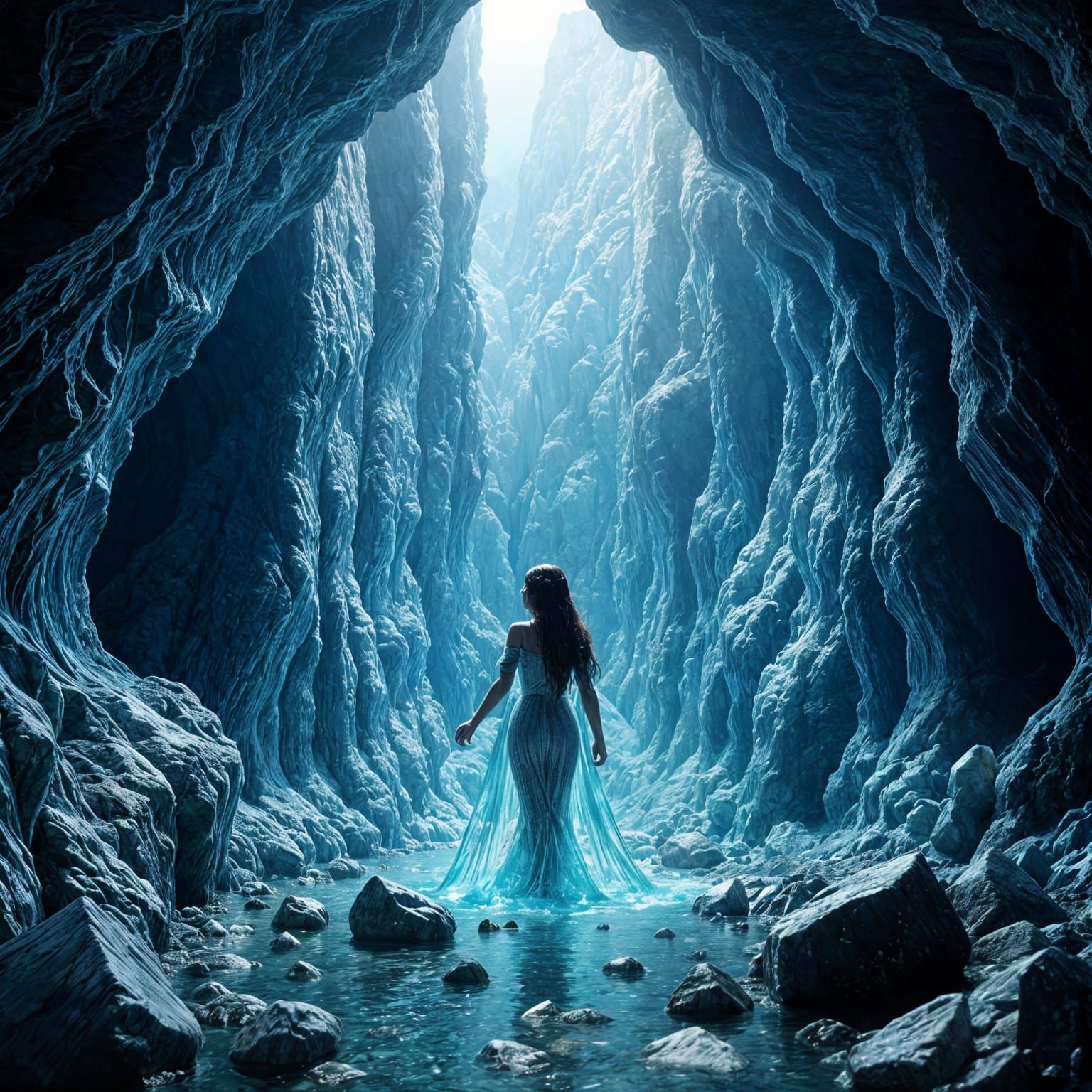 Ariel at Crystalline Aquamarine Falls, Hyperdetailed Lightin...